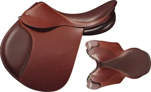 Childéric jumping saddle FAP in dark brown with reddish-brown seat, side and top view