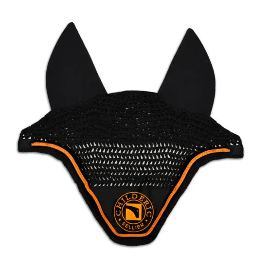 Black Childéric fly veil with orange trim and logo