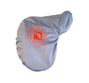 Grey saddle cover with orange Childéric logo
